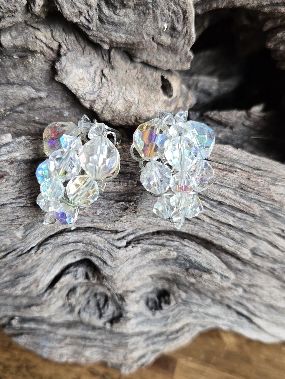 Vintage Iridescent AB Glass Crystal-Style Beaded Cluster Clip-On Earrings